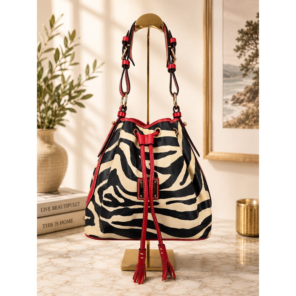 Dooney & Bourke Zebra Print Bucket Bag Red Leather Trim Drawstring J8489501
